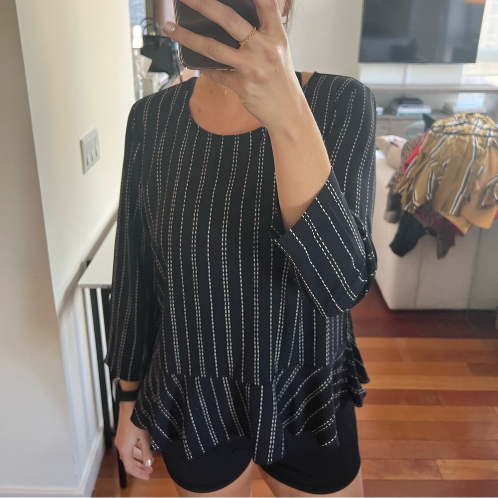 Ann Taylor navy and white striped peplum dress top